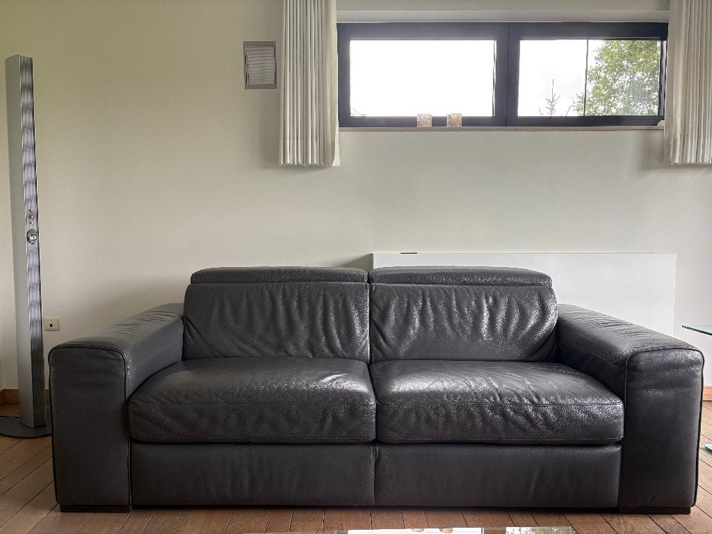 Antraciet, lederen sofa (2m20x1m04), Ophalen, Gebruikt, 100 tot 125 cm, Driepersoons