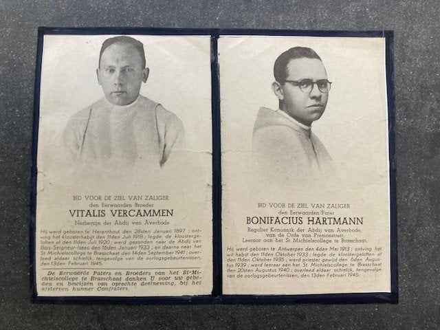 Oorlog-Brasschaat-Gedachtenisprentje-4 Norbertijnen-Rare !, Verzenden, Overige soorten, Foto of Poster