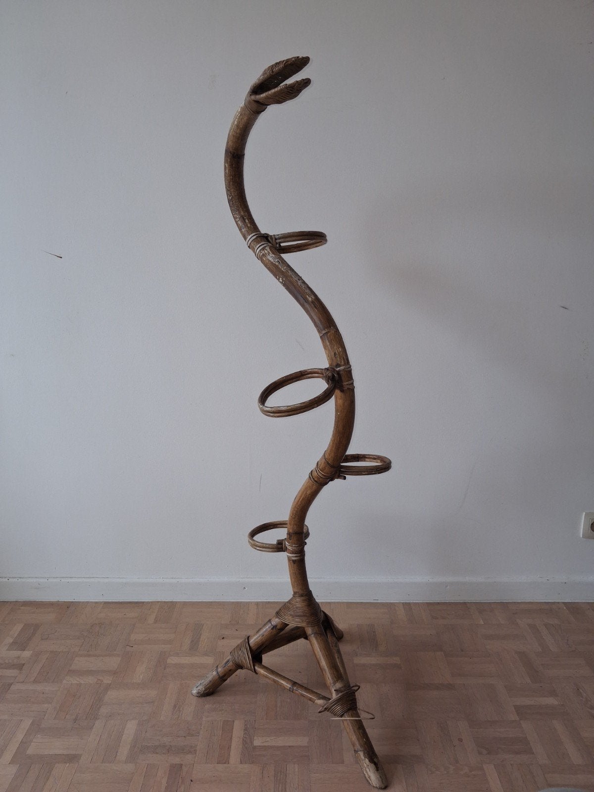 Vintage rotan plantenstandaard slang – 4 planten, Ophalen