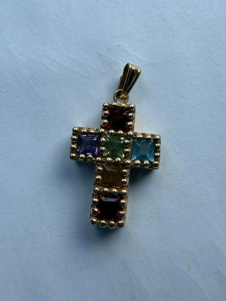 10 karaat geel gouden hanger met multi gemstone setting, Enlèvement, Comme neuf, Jaune