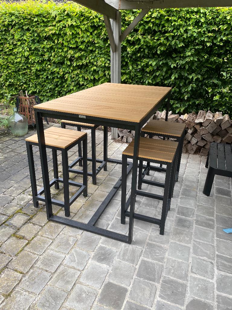 Hoge tuintafel met 4 stoelen, Ophalen, Zo goed als nieuw, Rechthoekig