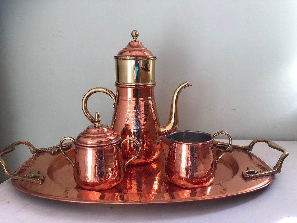 vintage koperen koffieset met dienblad, Antiek en Kunst, Antiek | Servies los, Ophalen of Verzenden