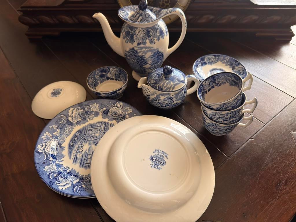 Vintage Woods Ware “English Scenery” blauw wit theeservies, Antiek en Kunst, Ophalen