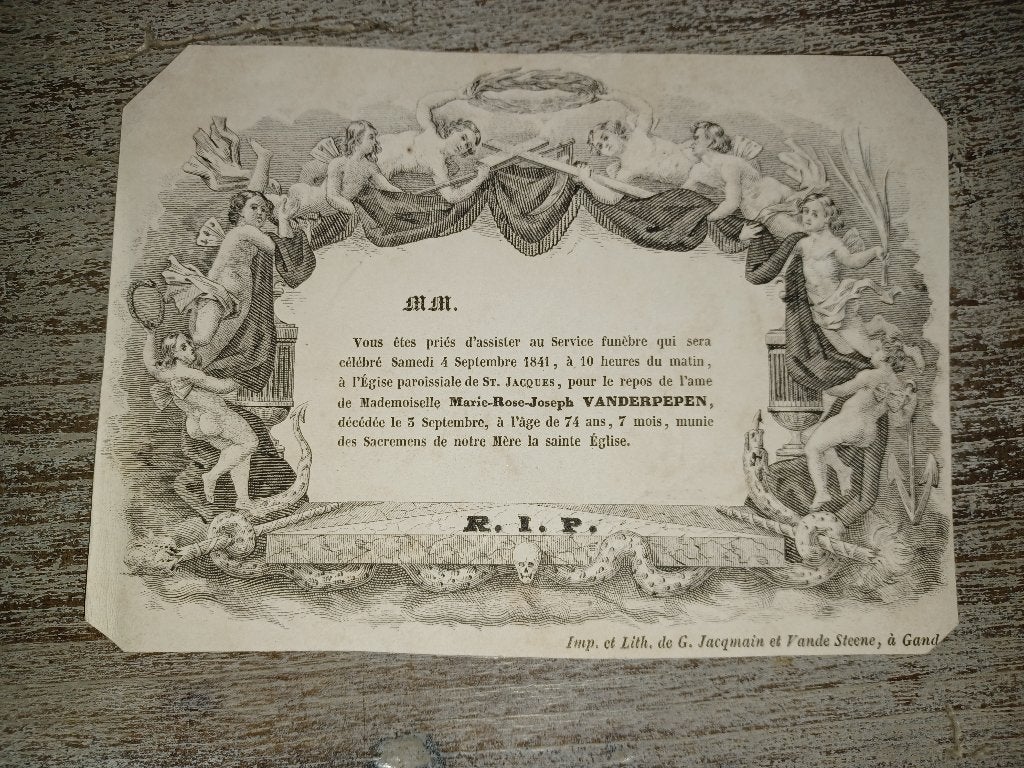 1841 doodsbrief litho jacqmain gent, Verzamelen, Ophalen of Verzenden, Rouwkaart