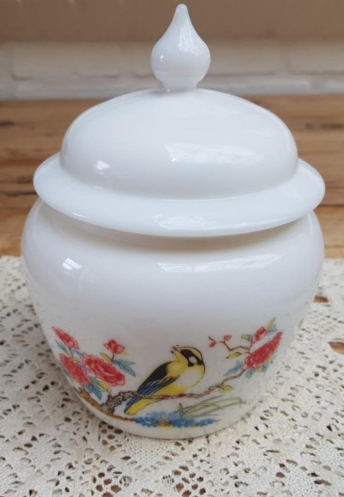 Vintage Franse opaline pot met vogel, AVON, Antiquités & Art, Enlèvement ou Envoi