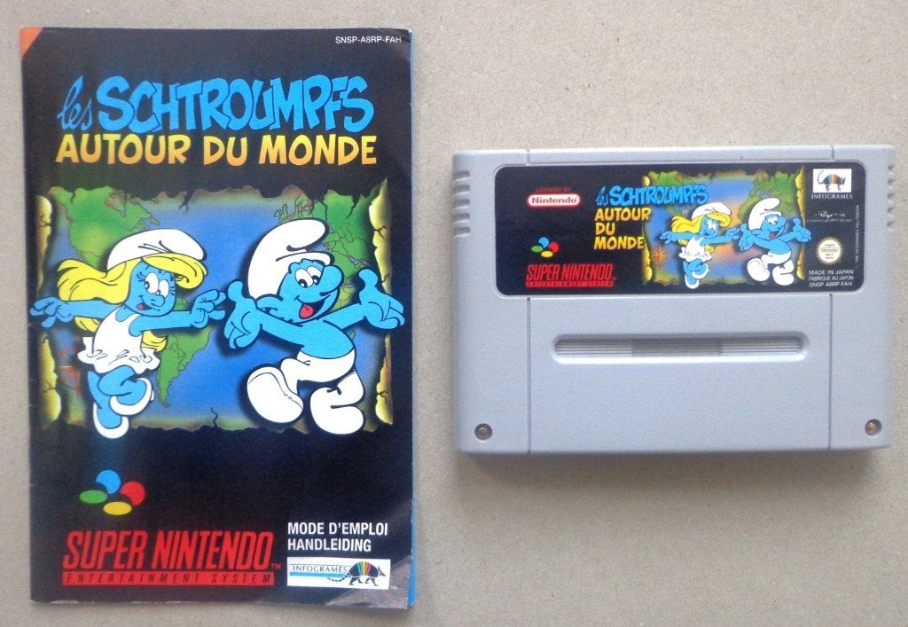 Smurfen Verkennen de Wereld voor de Super Nintendo + boekje, Ophalen of Verzenden, Gebruikt
