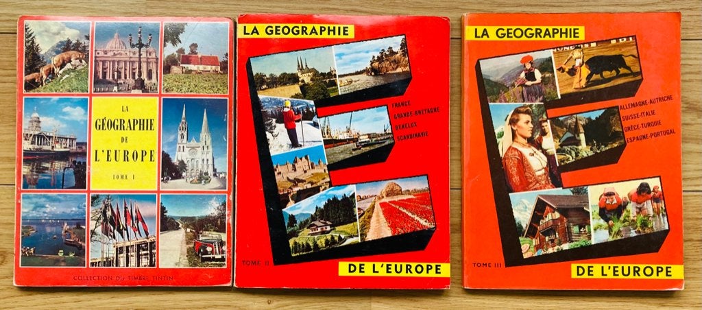 Timbres Tintin : GEOGRAPHIE DE L’EUROPE- Tomes 1 - 2 - 3, Enlèvement ou Envoi, Comme neuf, Album d'images
