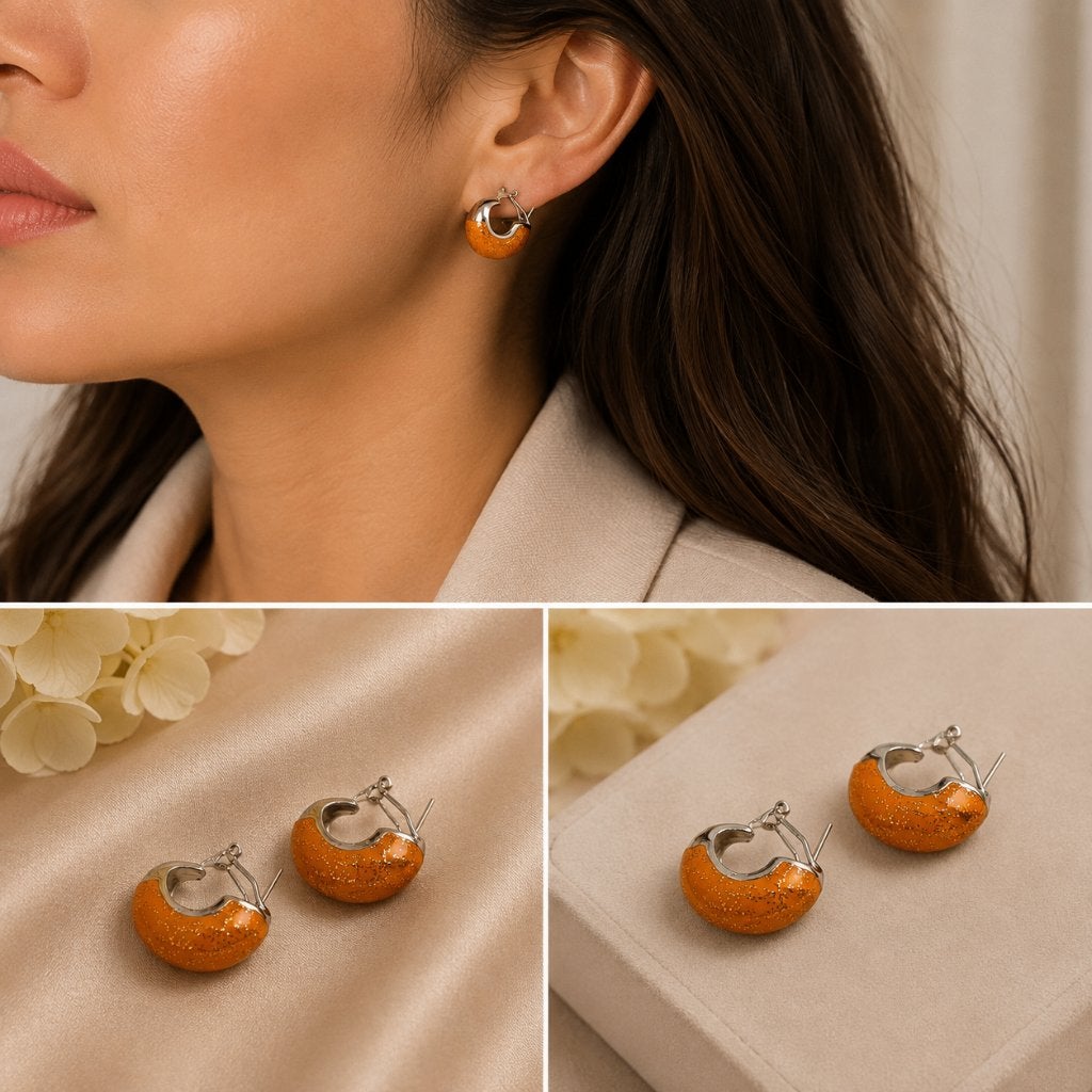 Trendy Oranje/Okergele Chunky Creolen met Glitters  NIEUW, Bijoux, Sacs & Beauté, Boucles d'oreilles, Autres matériaux, Orange