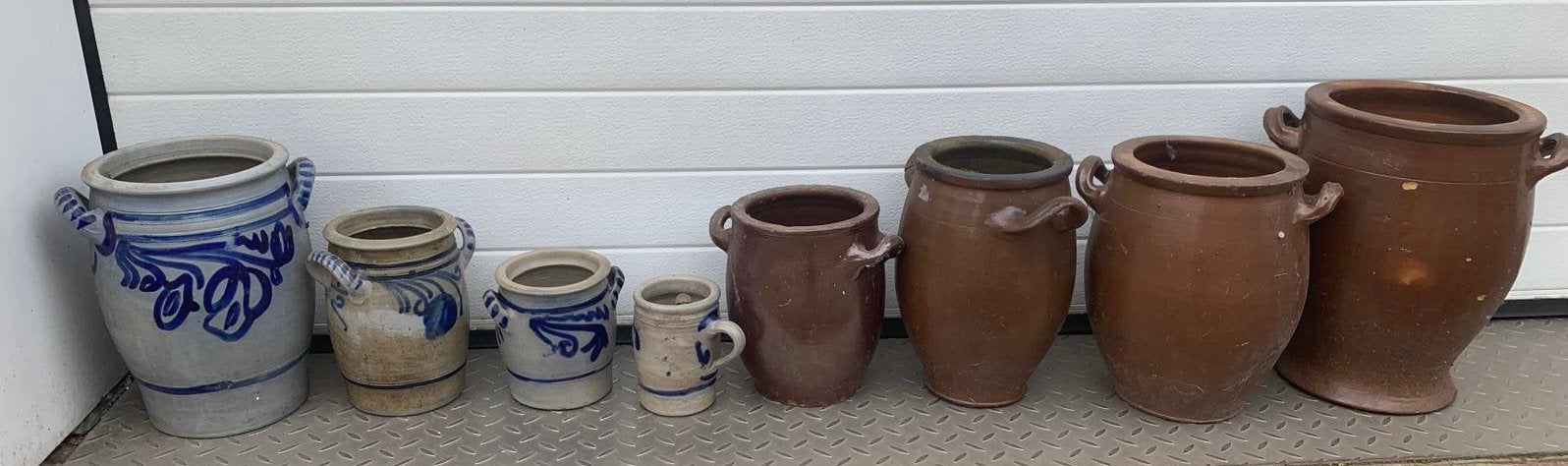 Set retro potten bloempotten bruin en blauw, Tuin en Terras, Ophalen of Verzenden, Zo goed als nieuw
