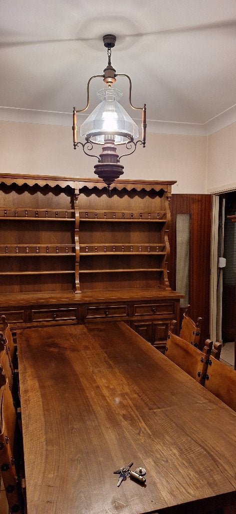 Lustre en Bois & Opaline, Maison & Meubles, Enlèvement, Utilisé, Verre, E27 (grand)