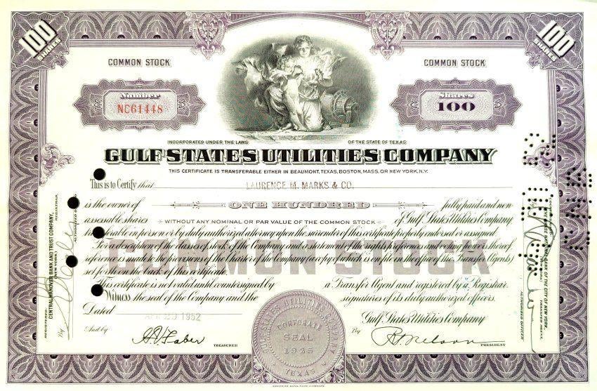 Gulf States Utilities Company (Entergy) 1952, Postzegels en Munten, Aandelen en Waardepapieren, Ophalen of Verzenden, 1950 tot 1970