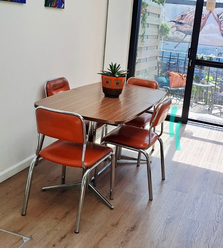 Jaren 70 uitschuifbare tafel + stoelen (5), Enlèvement, Utilisé, Vintage, retro, jaren 70, 4 à 6 chaises
