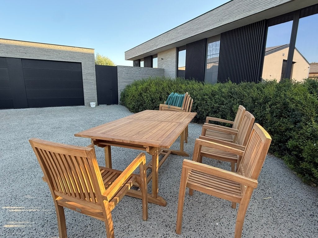 NIEUW–Teak tuinset met 8 stoelen | uitschuifbaar tot 10 pers, Tuin en Terras, Ophalen, Meer dan 8 zitplaatsen, Teakhout, Nieuw