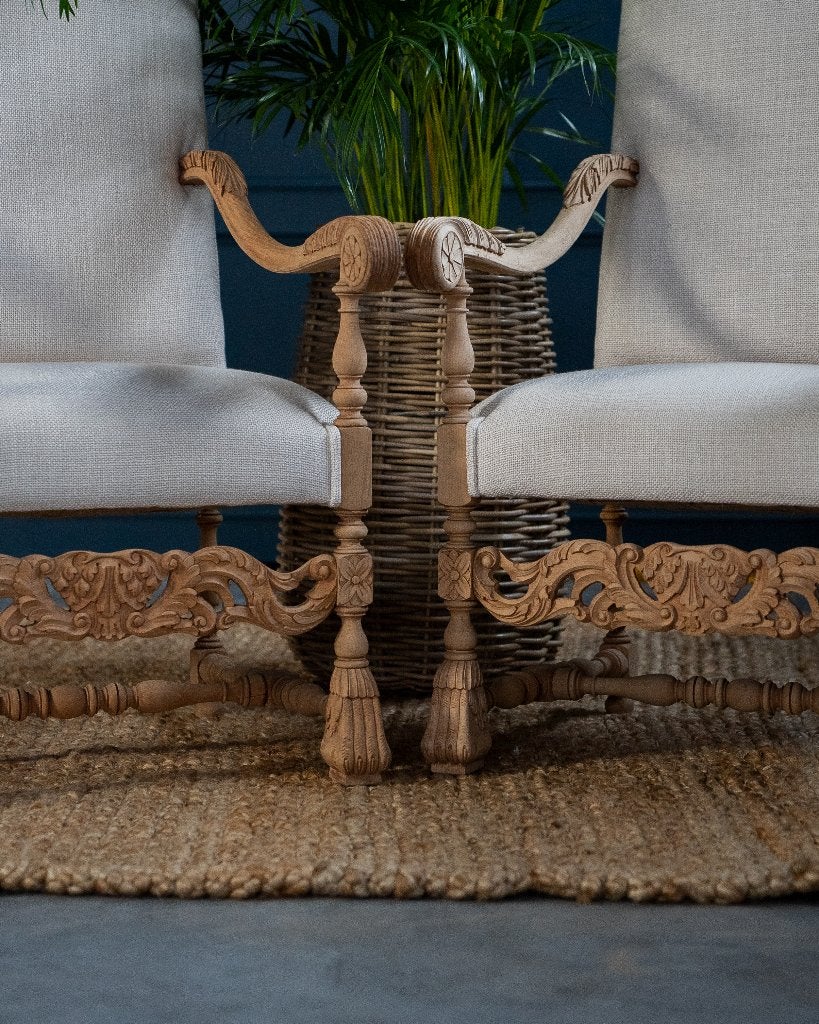 Ensemble de 2 fauteuils - Bois sablé et tissu blanc/beige, Enlèvement