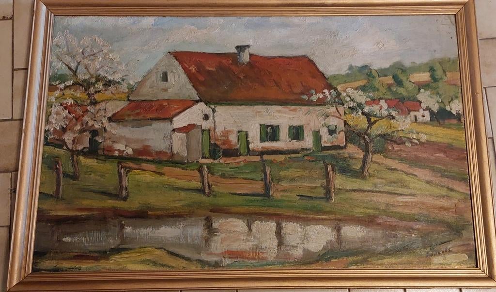 Maison de campagne tableau très coloré, frais signé Daneels, Ophalen of Verzenden