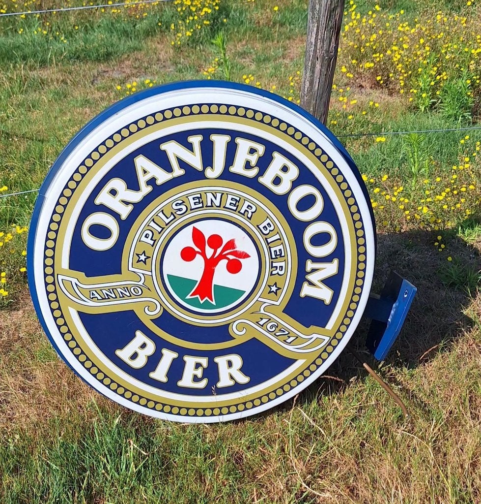Vintage dubbelzijdige lichtreclame van Oranjeboom bier🍺, Collections, Marques & Objets publicitaires, Utilisé, Table lumineuse ou lampe (néon)