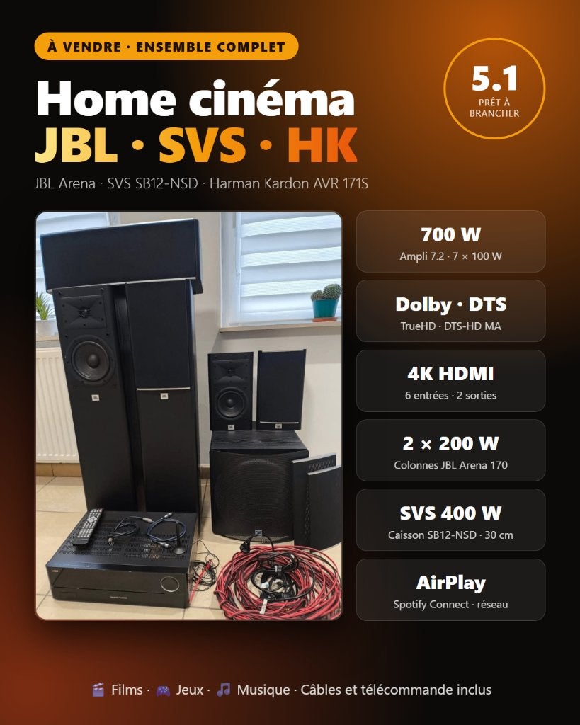 Home cinéma 5.1 complet JBL+caisson SVS+Harman Kardon 7.2, Autres marques, Comme neuf, Autres lecteurs, Enlèvement
