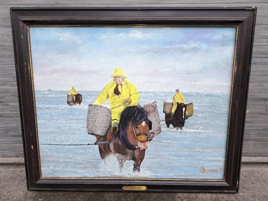 huile sur toile pecheur de crevettes signe joseph borrezee, Enlèvement ou Envoi, Toile