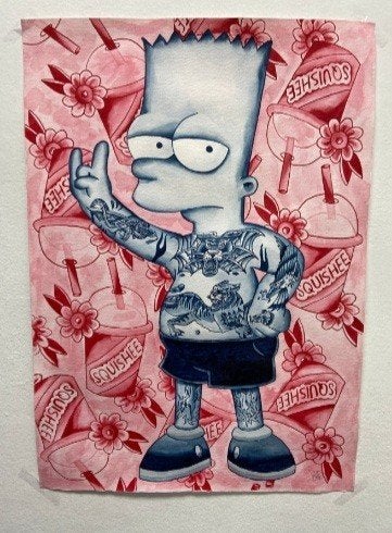 Bart Simpson in de tattoo-wereld, Antiek en Kunst, Kunst | Schilderijen | Modern, Ophalen of Verzenden, Bloemen