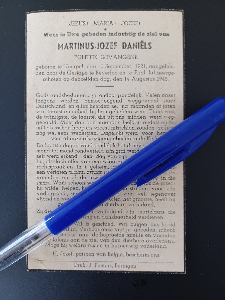 Oorlogsslachtoffer WO II  DANIËLS Martinus  Neerpelt, Ophalen of Verzenden, Bidprentje