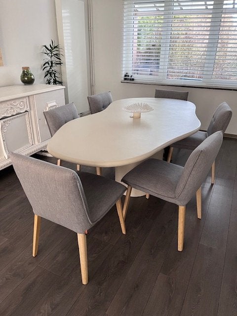 6 eetkamerstoelen Mobitec – hout & stof Silver – goede staat, Huis en Inrichting, Ophalen, Hout, Gebruikt, Overige kleuren