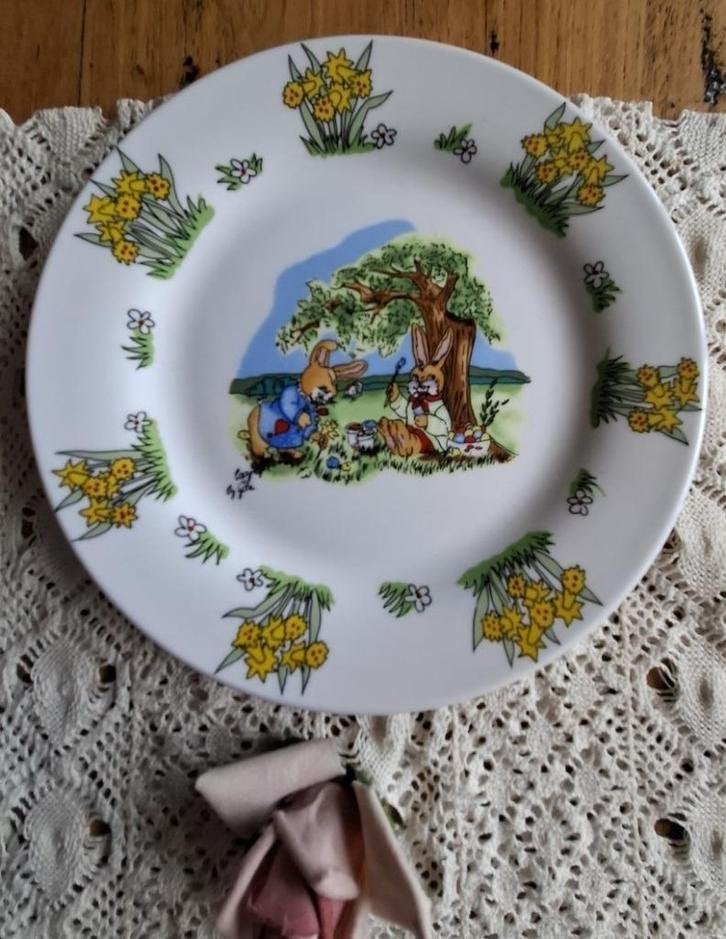 Vintage Duits GOTZ kinderbordje, haasjes en narcissen, PASEN, Divers, Pâques, -, Comme neuf, -, -