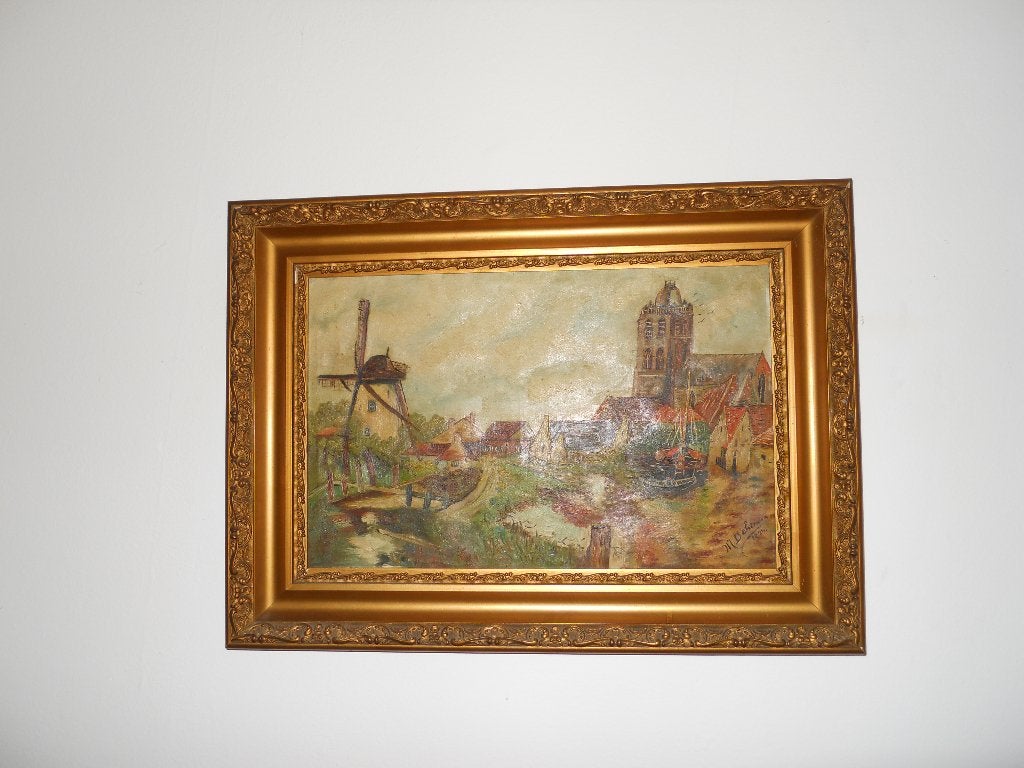 Olieverf op doek — Vlaams landschap bij de windmolen, Antiek en Kunst, Ophalen, Doek, Olieverf, Klassiek