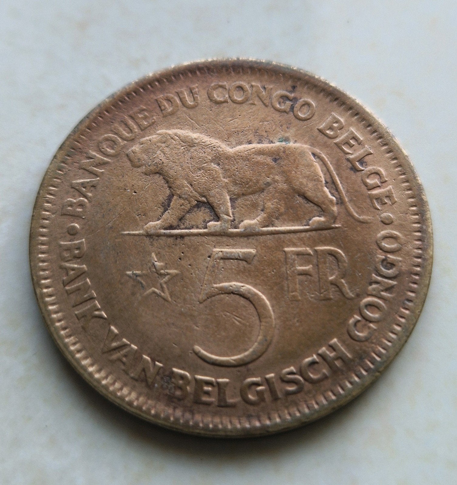 1937, Belgian Congo, 5 Francs Coin, Ophalen of Verzenden
