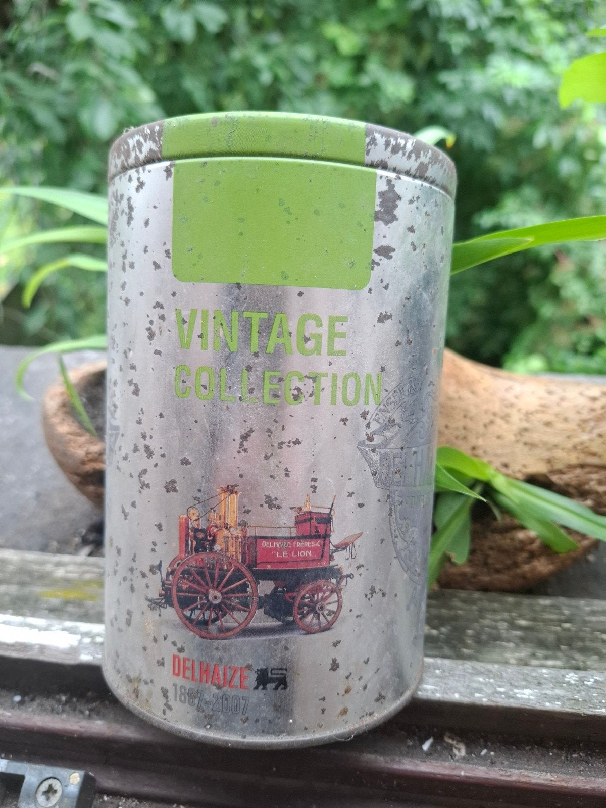 Blieken doos cilinder, vintage Delhaize, Verzamelen, Blikken, Ophalen