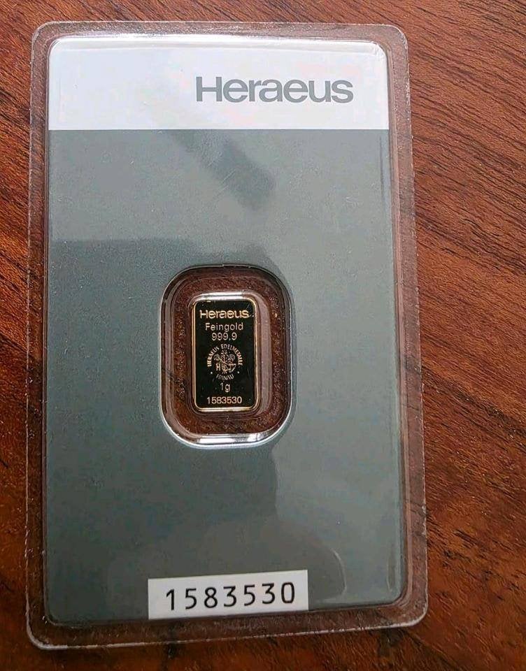 Heraeus 1 Gram Goudbaar 999.9 24K, Postzegels en Munten, Edelmetalen en Baren, Goud, Ophalen of Verzenden