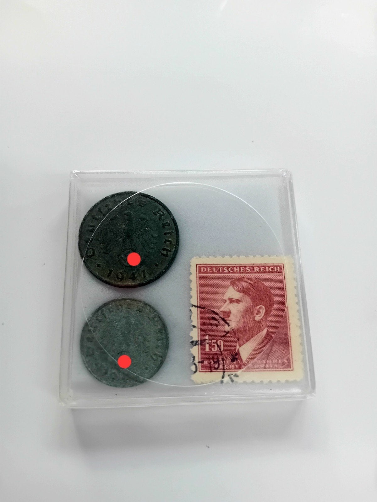 WO2 Setje Munten + Hitler Postzegel in Bewaardoosje, Ophalen of Verzenden, Munten