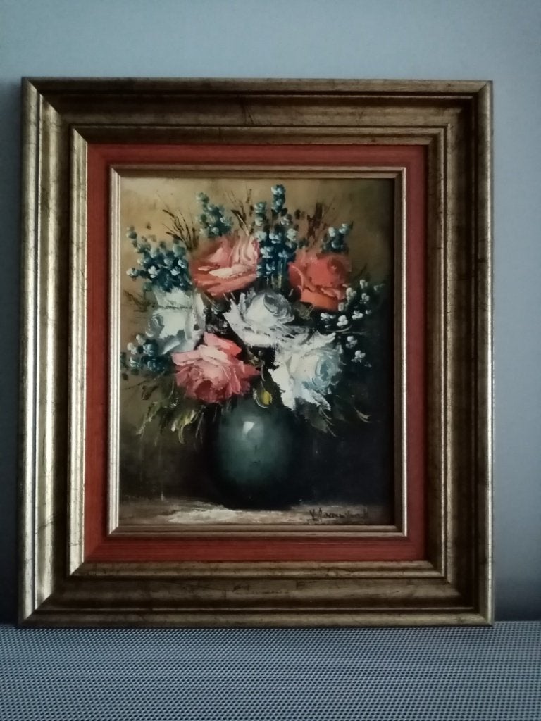Schilderij getekend V. Raemendonck., Bloemen, Doek, Ophalen of Verzenden, Klassiek