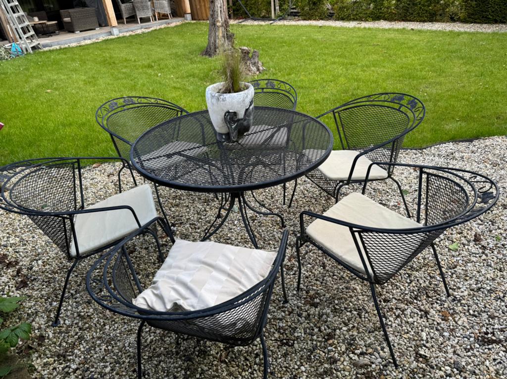 Tuinset met 6 stoelen zwart metaal + kussens, Tuin en Terras, Ophalen, Zo goed als nieuw, Tuinset