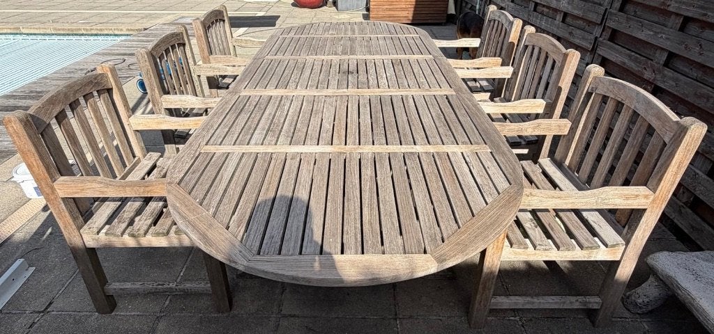 Houten tuinset met 6 stoelen, Tuin en Terras, Ophalen, Gebruikt, Hardhout, 6 zitplaatsen