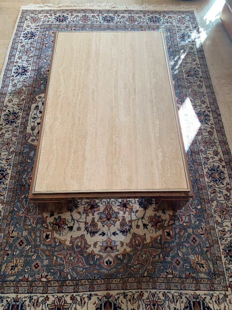 Vintage salontafel met natuurstenen blad – 186  86 cm, Ophalen, Gebruikt, 100 tot 150 cm, Vintage design begin jaren 80