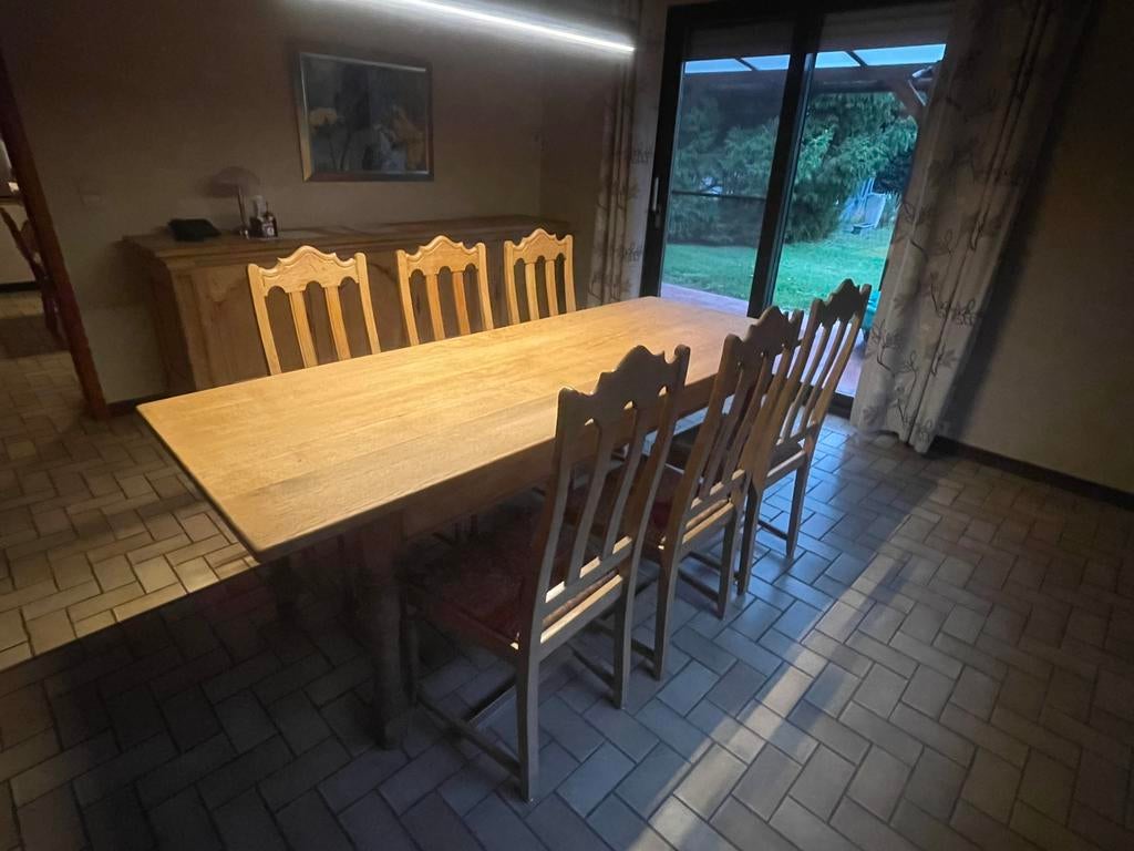 Table de salle a manger avec 6 chaises - Chêne massif, Maison & Meubles, Salles à manger complètes, Enlèvement, Utilisé, Bois