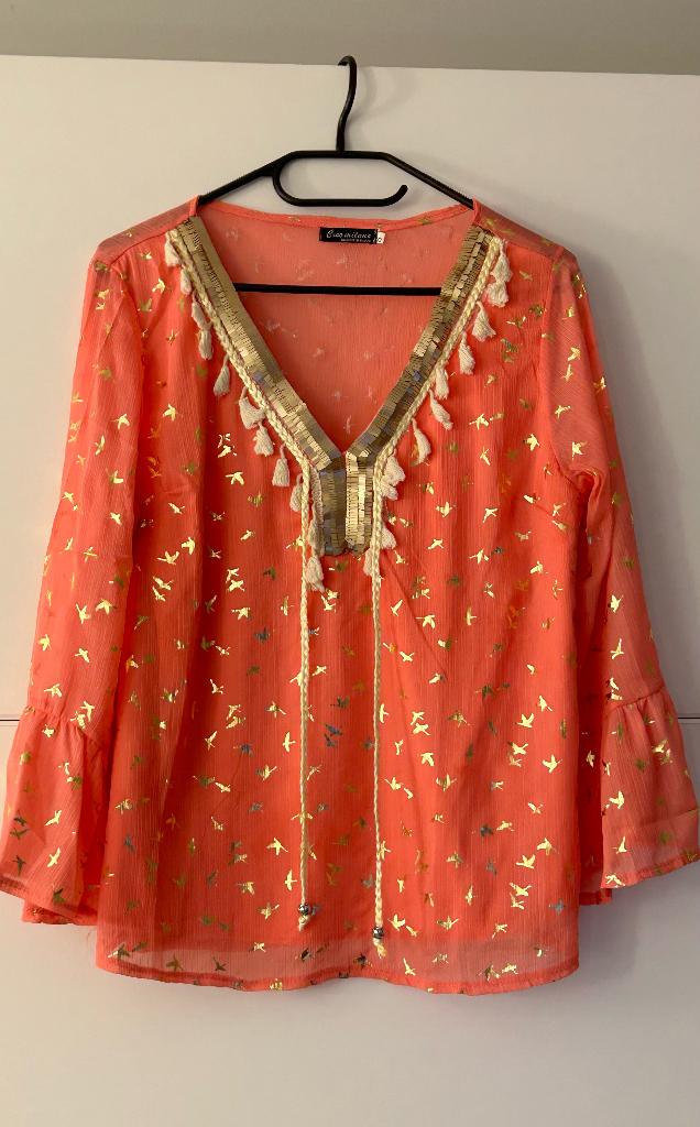 Ciao Milano koraalkleurige blouse met gouden vogelprint, Rouge, Enlèvement ou Envoi, Taille 36 (S), Comme neuf