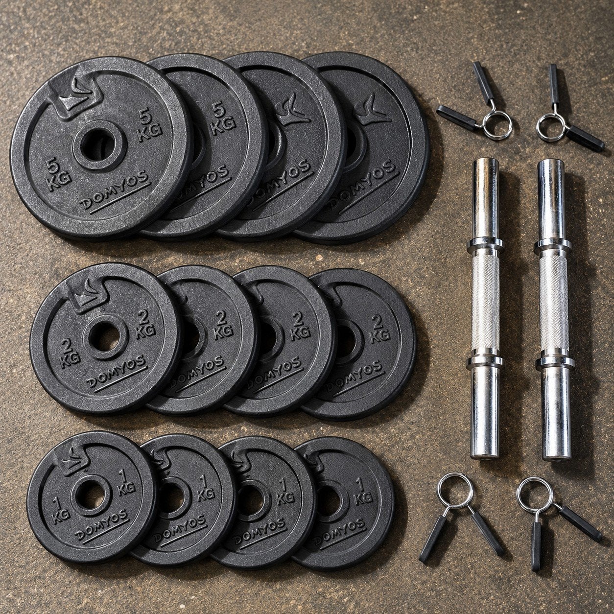 Set d’haltères Domyos 32 kg + 2 barres + 4 stop-disques, Enlèvement, Comme neuf, Set d’haltères