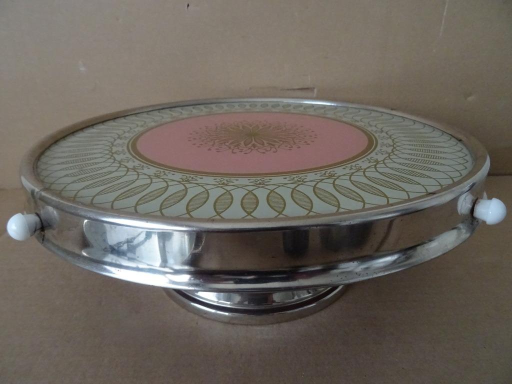 Vintage taartplateau gebakplateau vlaaiplateau metaal + glas, Ophalen of Verzenden