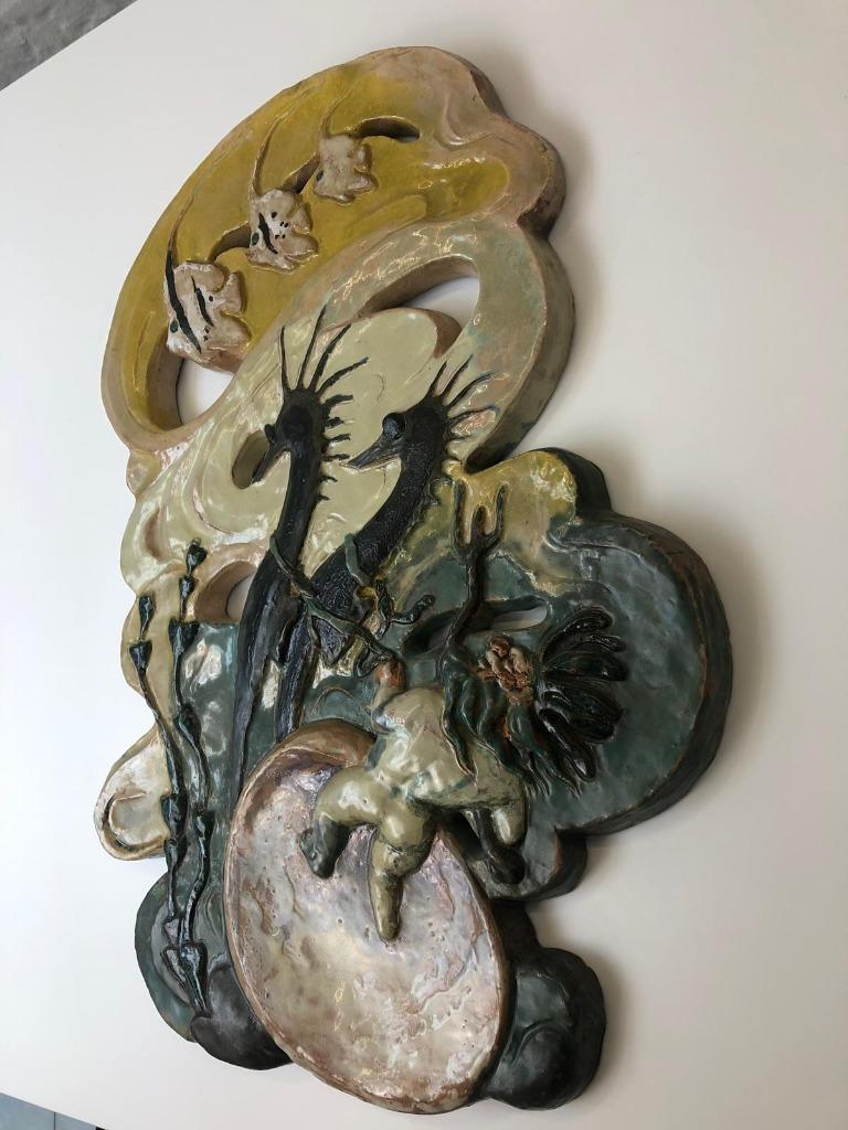 Grote keramische wandplaquette Neptunus 72 cm – 1960, Antiek en Kunst, Ophalen of Verzenden