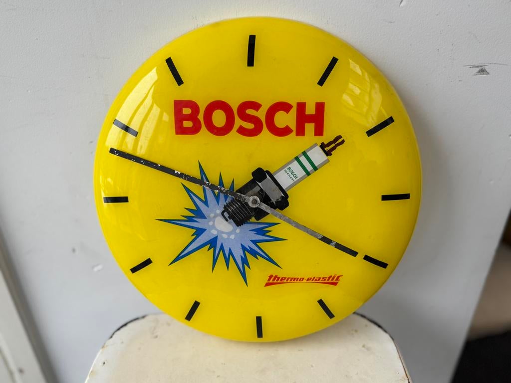 Horloge publicitaire ancienne BOSCH Spark Plug, Collections, Enlèvement ou Envoi, Utilisé, Panneau publicitaire