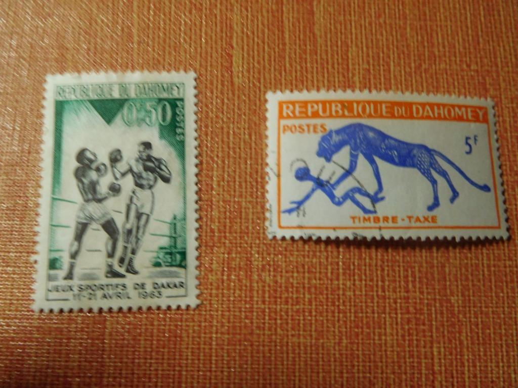 2 Dahomey-postzegels + 2 Franse Dahomey-postzegels, Ophalen of Verzenden, Gestempeld