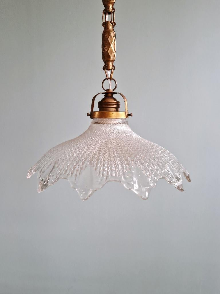 Suspension Art Déco en verre transparent festonné,1920-30, Enlèvement ou Envoi