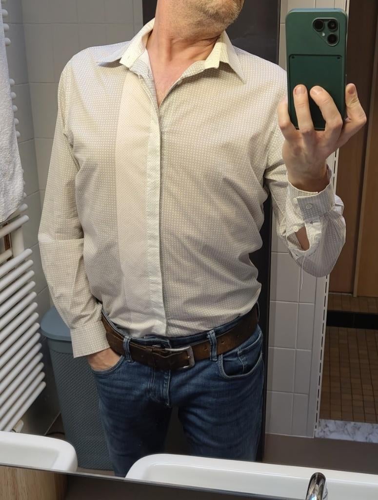 Chemise d'été IKKS Slim Fit - L - Blanc/gris - Parfait état, Tour de cou 41/42 (L), Enlèvement ou Envoi, Comme neuf, Blanc