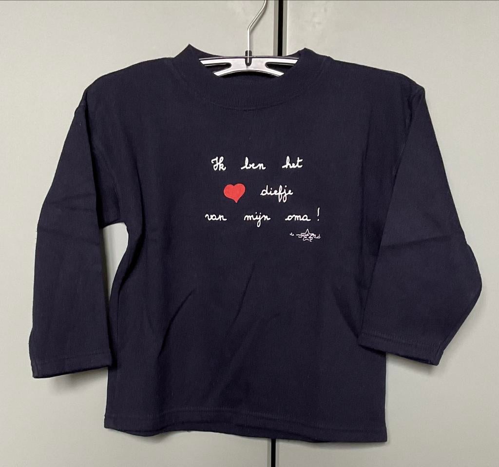 Donkerblauwe sweater met opschrift maat 116, Ophalen of Verzenden, Zo goed als nieuw, Jongen of Meisje, Trui of Vest