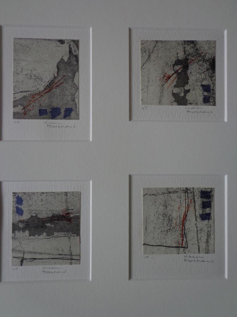 Vier leuke abstracte etsen Karin Horemans uit 2005, Ophalen of Verzenden, Ets, Gesigneerd