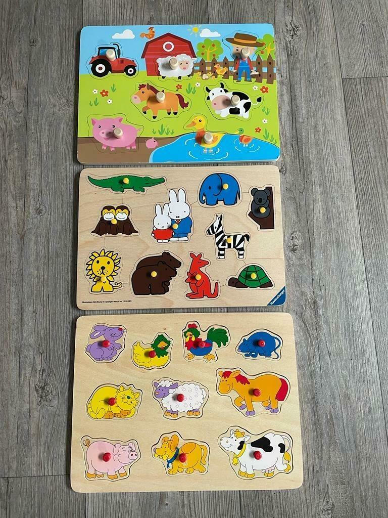 3 houten inlegpuzzels, Comme neuf, Enlèvement, 6 mois à 2 ans, Moins de 10 pièces