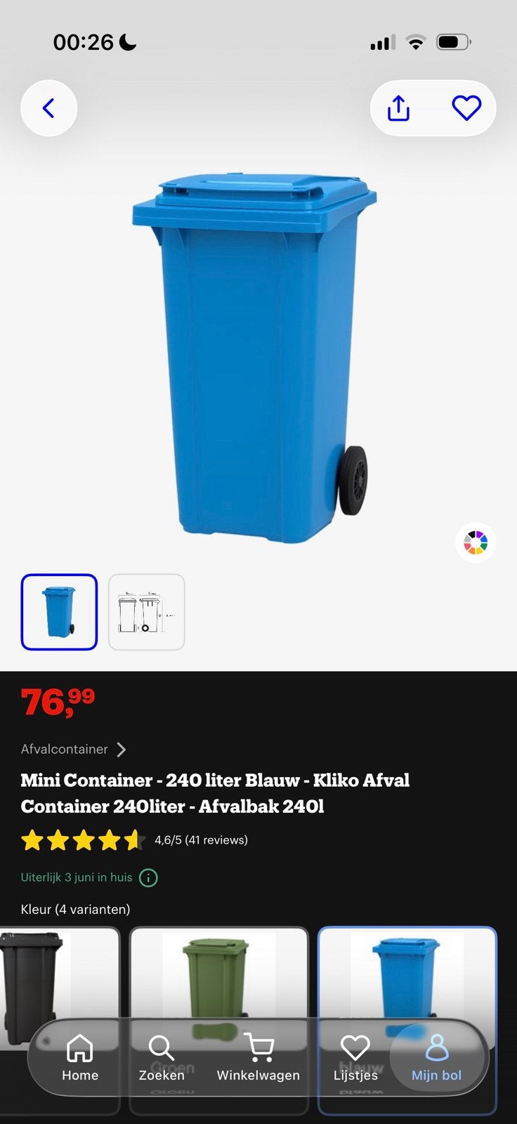 Kliko container 240L blauw, Ophalen, Gebruikt