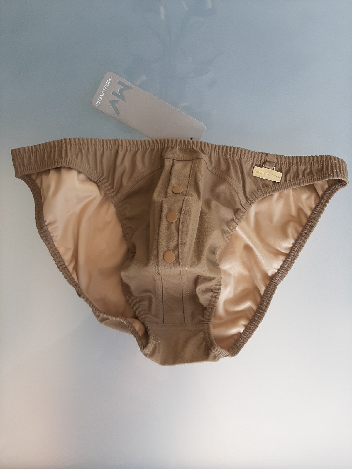 Nieuwe sexy lederen lock slip met  drukknopen, Kleding | Heren, Ondergoed, Ophalen of Verzenden, Bruin, Modus Vivendi, Slip