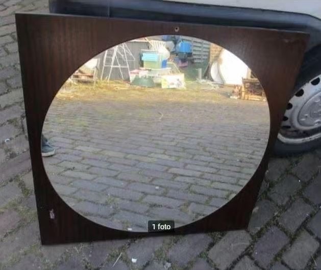 Leuke ronde Spiegel op houten paneel - 75x75, Huis en Inrichting, Woonaccessoires | Spiegels, Ophalen of Verzenden, Zo goed als nieuw